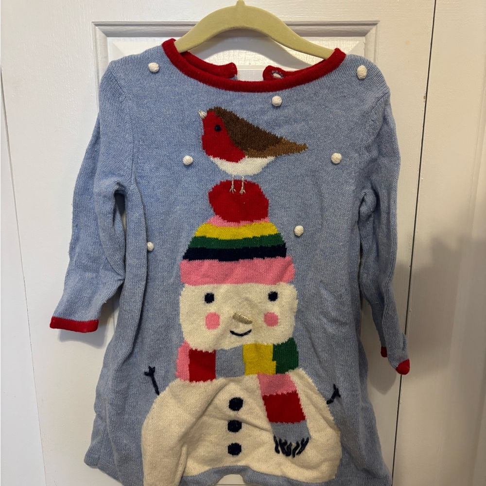 Mini Boden Blue Sweater with Colorful Snowman Design